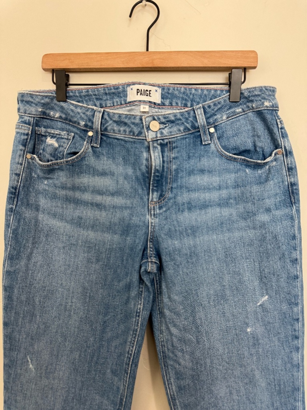 PAIGE Sloane Straight Leg Raw Hem Jeans Size 31 Mid Rise Bliss Distressed - Picture 2 of 7